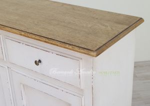 Kitchen or living room cupboard in solid wood with very antique white finish and solid oak top